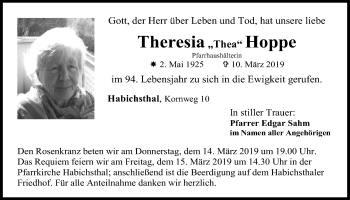 Traueranzeige von Theresia Hoppe von Wetterauer Zeitung
