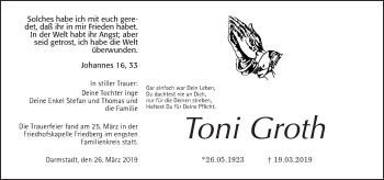 Traueranzeige von Toni Groth von Wetterauer Zeitung