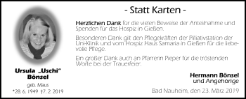 Traueranzeige von Ursula Bönsel von Wetterauer Zeitung