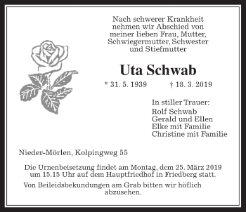Traueranzeige von Uta Schad von Wetterauer Zeitung