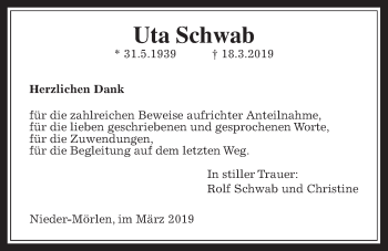Traueranzeige von Uta Schwab von Wetterauer Zeitung