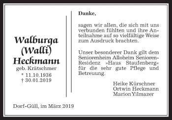Traueranzeige von Walburga Heckmann von Giessener Allgemeine, Alsfelder Allgemeine
