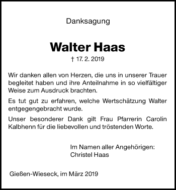 Traueranzeige von Walter Haas von Giessener Allgemeine, Alsfelder Allgemeine