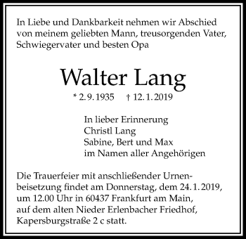 Traueranzeige von Walter Lang von Bad Vilbel/Karben