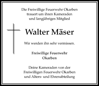 Traueranzeige von Walter Mäser von Bad Vilbel/Karben