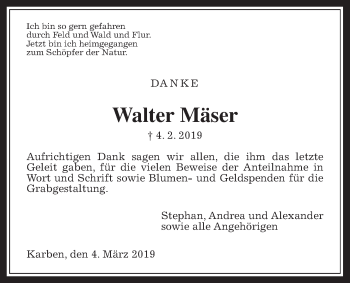 Traueranzeige von Walter Mäser von Wetterauer Zeitung, Wetterauer Zeitung