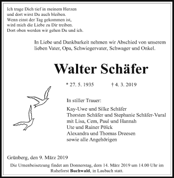 Traueranzeige von Walter Schäfer von Giessener Allgemeine, Alsfelder Allgemeine