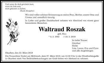 Traueranzeige von Waltraud Roszak von Wetterauer Zeitung