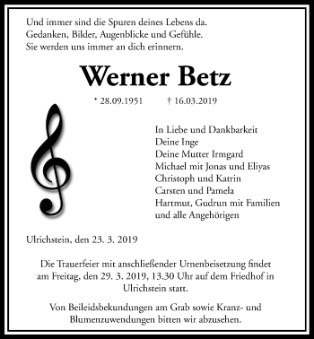 Traueranzeige von Werner Betz von Alsfelder Allgemeine
