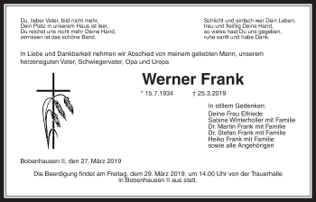 Traueranzeige von Werner Frank von Giessener Allgemeine, Alsfelder Allgemeine