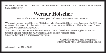 Traueranzeige von Werner Hölscher von Giessener Allgemeine, Alsfelder Allgemeine