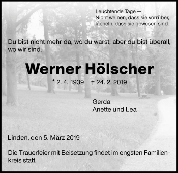 Traueranzeige von Werner Hölscher von Giessener Allgemeine, Alsfelder Allgemeine
