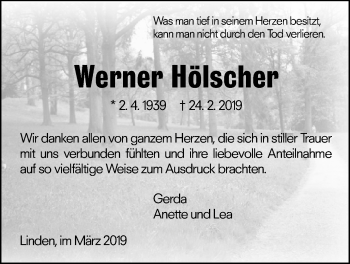 Traueranzeige von Werner Hölscher von Giessener Allgemeine, Alsfelder Allgemeine