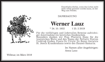 Traueranzeige von Werner Lauz von Giessener Allgemeine, Alsfelder Allgemeine