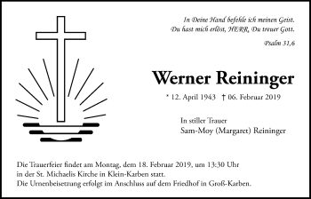 Traueranzeige von Werner Reininger von Bad Vilbel/Karben