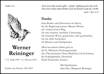 Traueranzeige von Werner Reininger von Bad Vilbel/Karben