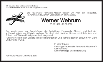 Traueranzeige von Werner Wehrum von Giessener Allgemeine, Alsfelder Allgemeine