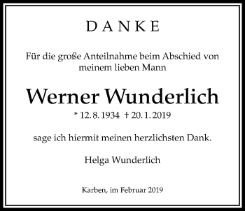 Traueranzeige von Werner Wunderlich von Bad Vilbel/Karben