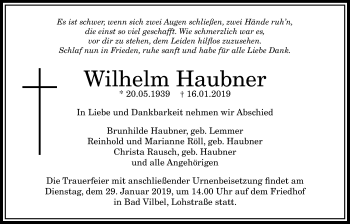 Traueranzeige von Wilhelm Haubner von Bad Vilbel/Karben