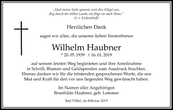 Traueranzeige von Wilhelm Haubner von Bad Vilbel/Karben