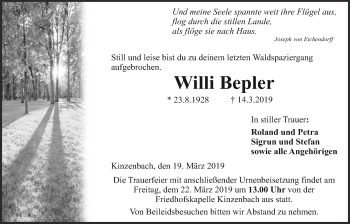 Traueranzeige von Willi Bepler von Giessener Allgemeine, Alsfelder Allgemeine
