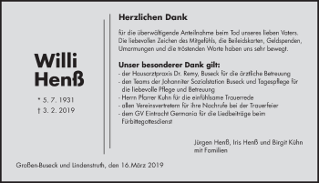 Traueranzeige von Willi Henß von Giessener Allgemeine, Alsfelder Allgemeine