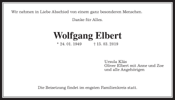 Traueranzeige von Wolfgang Elbert von Wetterauer Zeitung