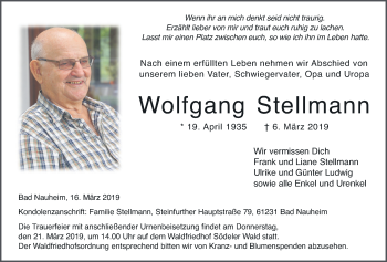 Traueranzeige von Wolfgang Stellmann von Wetterauer Zeitung