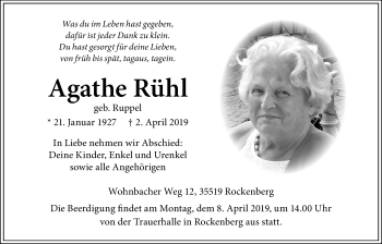 Traueranzeige von Agathe Rühl von Wetterauer Zeitung