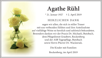 Traueranzeige von Agathe Rühl von Wetterauer Zeitung