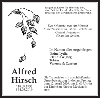Traueranzeige von Alfred Hirsch von Wetterauer Zeitung