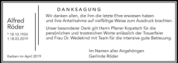 Traueranzeige von Alfred Röder von Bad Vilbel/Karben