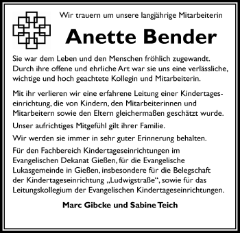 Traueranzeige von Anette Bender von Giessener Allgemeine, Alsfelder Allgemeine