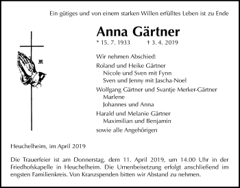 Traueranzeige von Anna Gärtner von Giessener Allgemeine, Alsfelder Allgemeine