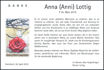 Traueranzeige von Anna Lottig von Wetterauer Zeitung