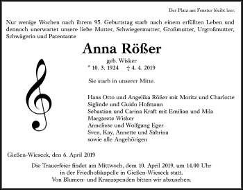 Traueranzeige von Anna Rößer von Giessener Allgemeine, Alsfelder Allgemeine