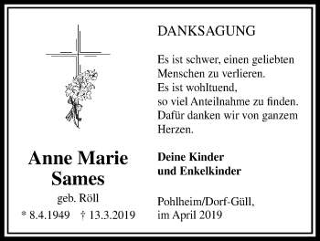 Traueranzeige von Anne Marie Sames von Licher Wochenblatt