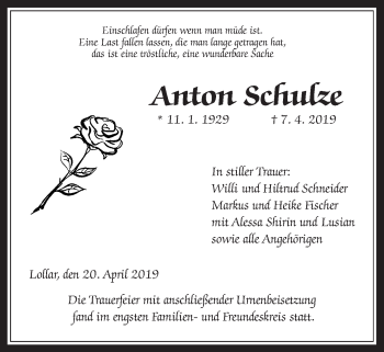 Traueranzeige von Anton Schulze von Giessener Allgemeine, Alsfelder Allgemeine