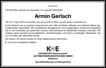 Traueranzeige von Armin Gerlach von Giessener Allgemeine, Alsfelder Allgemeine