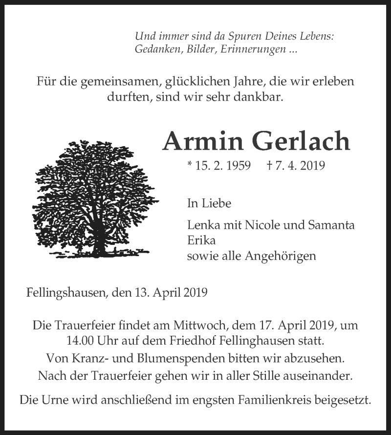  Traueranzeige für Armin Gerlach vom 13.04.2019 aus Giessener Allgemeine, Alsfelder Allgemeine