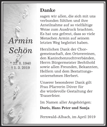 Traueranzeige von Armin Schön von Giessener Allgemeine, Alsfelder Allgemeine