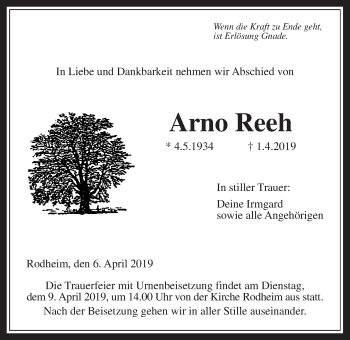 Traueranzeige von Arno Reeh von Giessener Allgemeine, Alsfelder Allgemeine