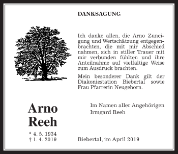 Traueranzeige von Arno Reeh von Giessener Allgemeine, Alsfelder Allgemeine