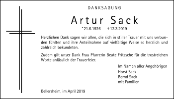 Traueranzeige von Artur Sack von Licher Wochenblatt