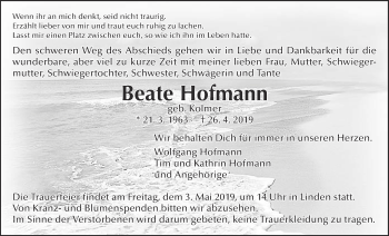 Traueranzeige von Beate Hofmann von Giessener Allgemeine, Alsfelder Allgemeine