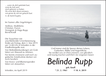Traueranzeige von Belinda Rupp von Licher Wochenblatt