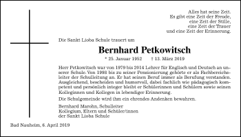 Traueranzeige von Bernhard Petkowitsch von Wetterauer Zeitung
