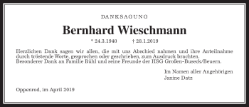 Traueranzeige von Bernhard Wieschmann von Giessener Allgemeine, Alsfelder Allgemeine