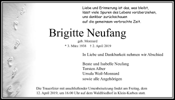 Traueranzeige von Brigitte Neufang von Bad Vilbel/Karben