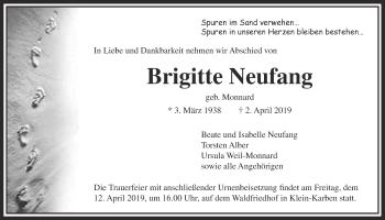 Traueranzeige von Brigitte Neufang von Wetterauer Zeitung
